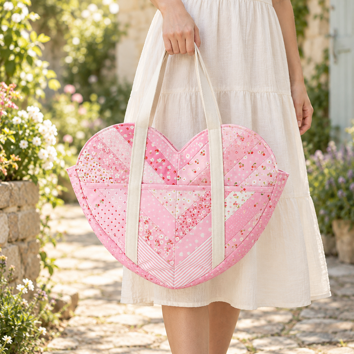 Sweetheart patchwork heart bag styled outdoors in a garden. AI-generated finished-sample illustration.
