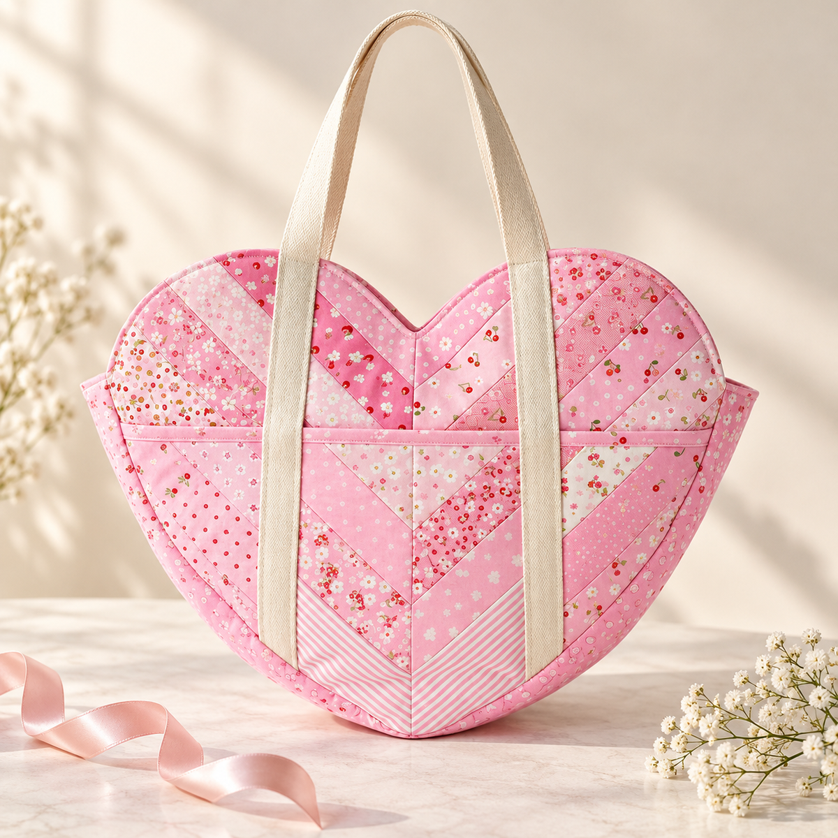 Sweetheart patchwork heart shoulder bag in a handmade gift-inspired setting. AI-generated finished-sample illustration.