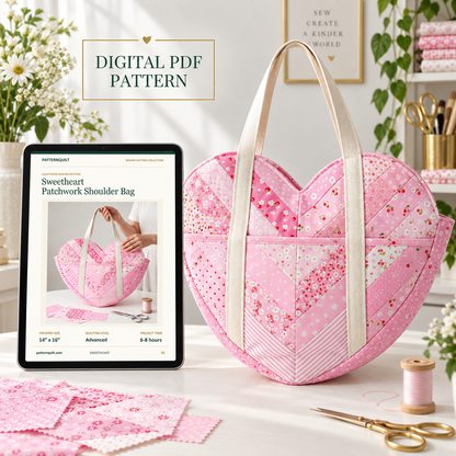 Sweetheart patchwork bag beside a tablet displaying the PatternQuilt digital PDF sewing pattern. AI-generated finished-sample illustration.