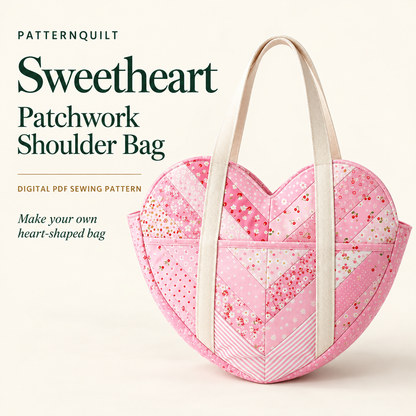 Sweetheart heart-shaped patchwork shoulder bag with pink chevron cotton and cream handles, PatternQuilt digital PDF sewing pattern. AI-generated sample illustration.
