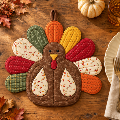 Quilted turkey potholder on a rustic Thanksgiving table with pumpkins, fall leaves and place setting