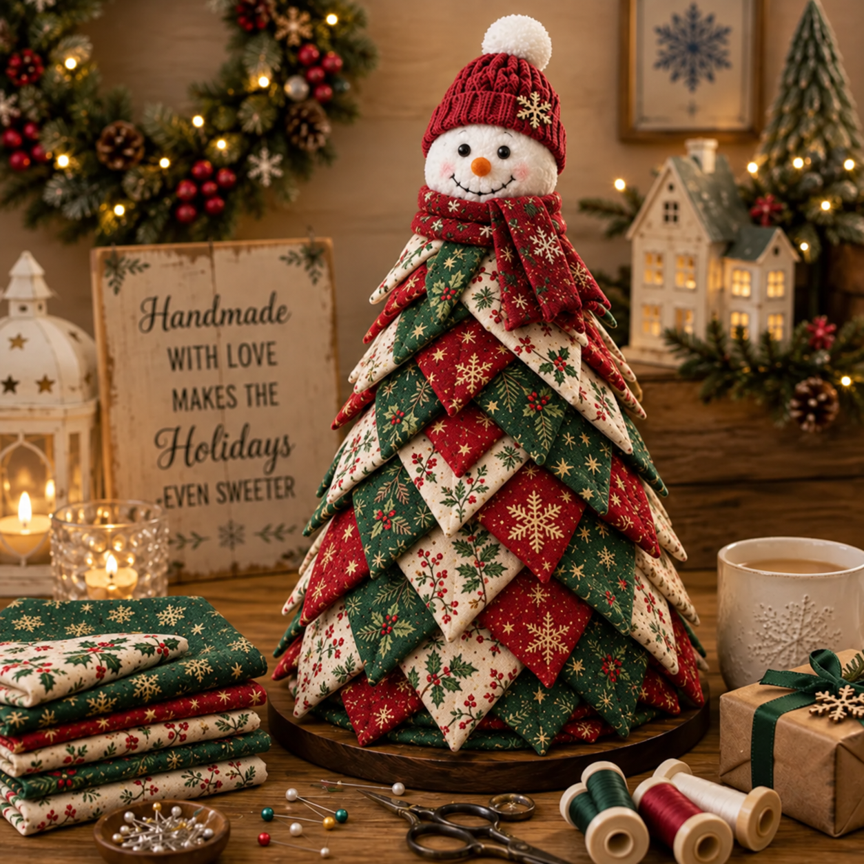 Layered Quilted Christmas Tree with Snowman Topper