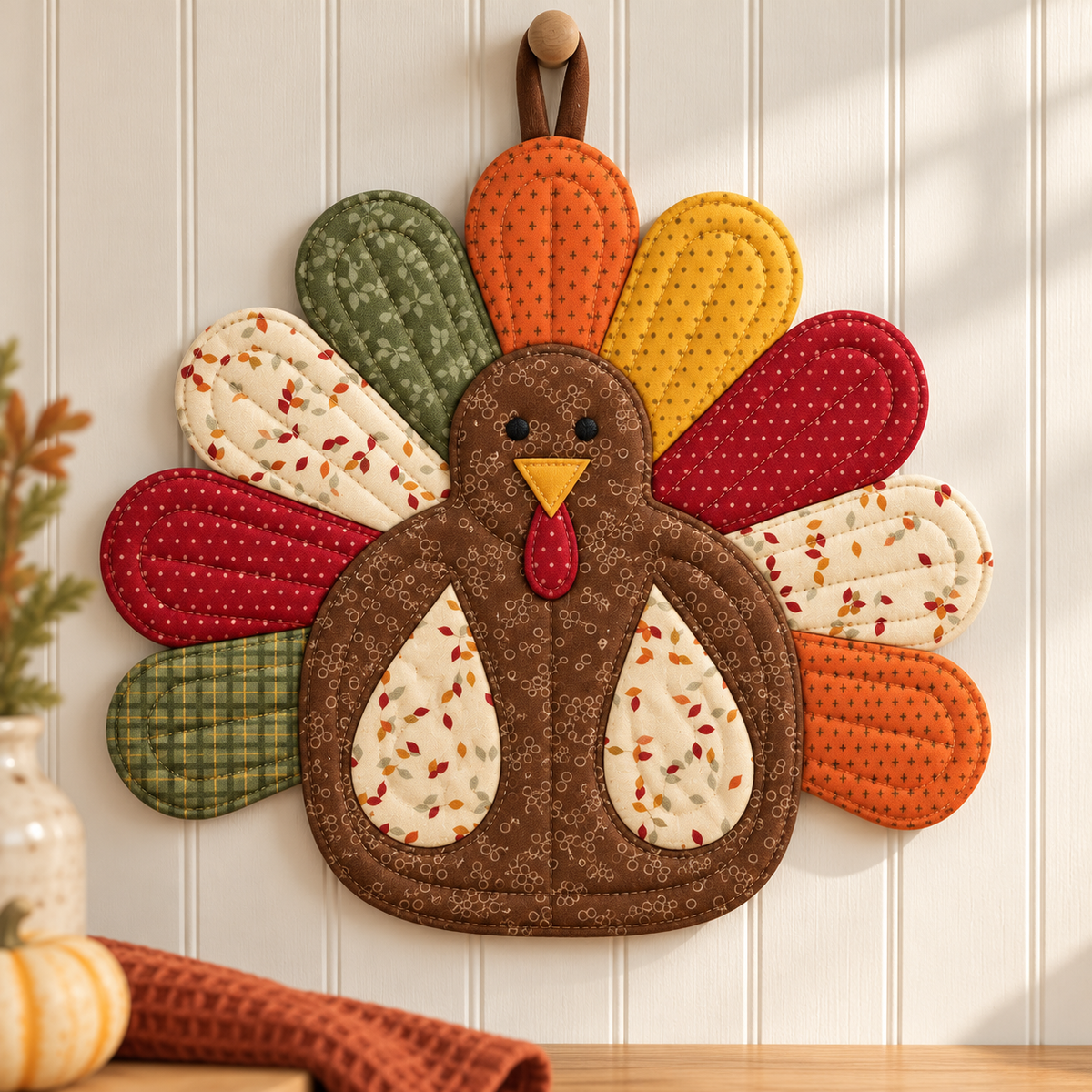 Turkey hot pad hanging by its loop on a farmhouse kitchen wall, fall kitchen decor sewing project
