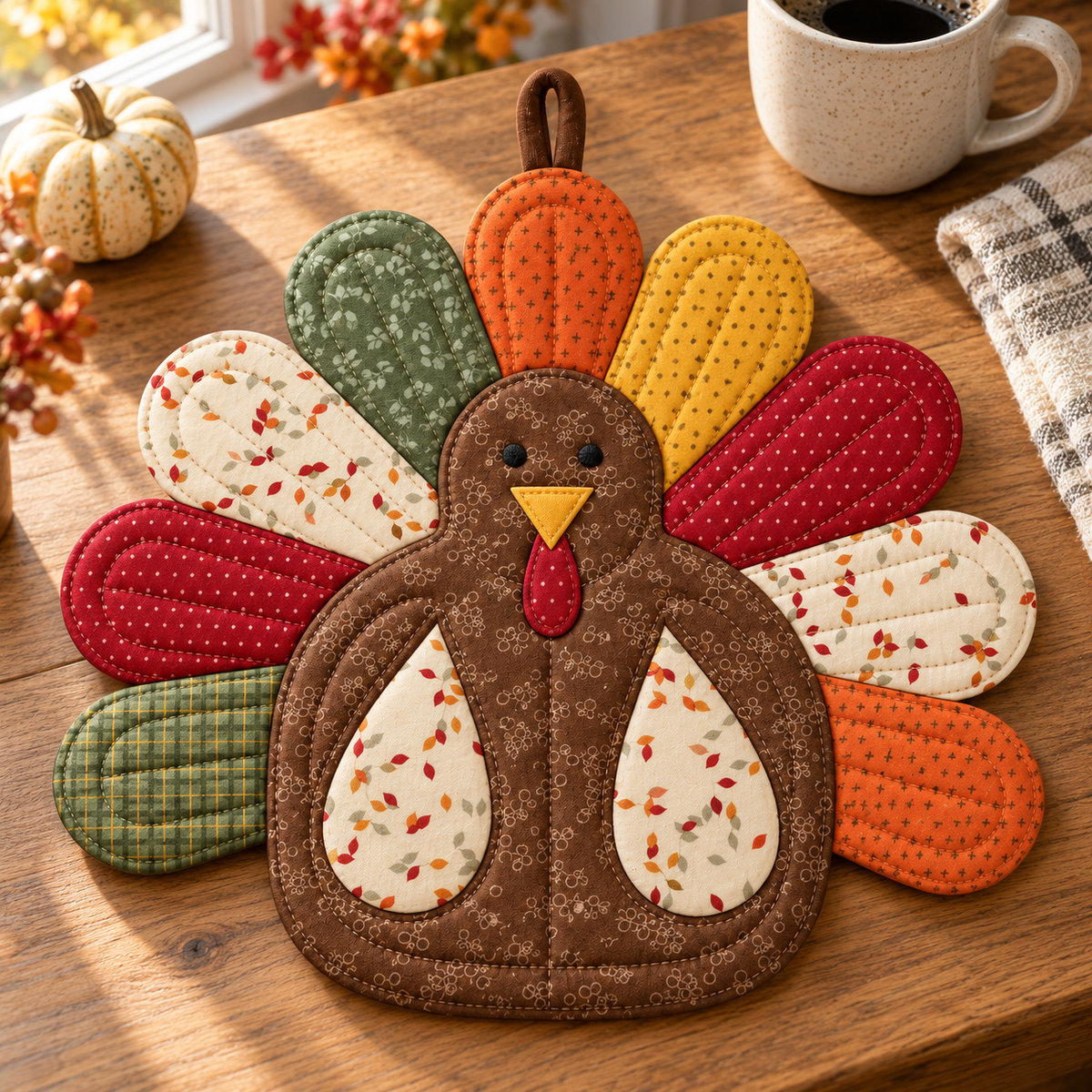 Quilted turkey potholder on a kitchen table with coffee, pumpkins and autumn flowers