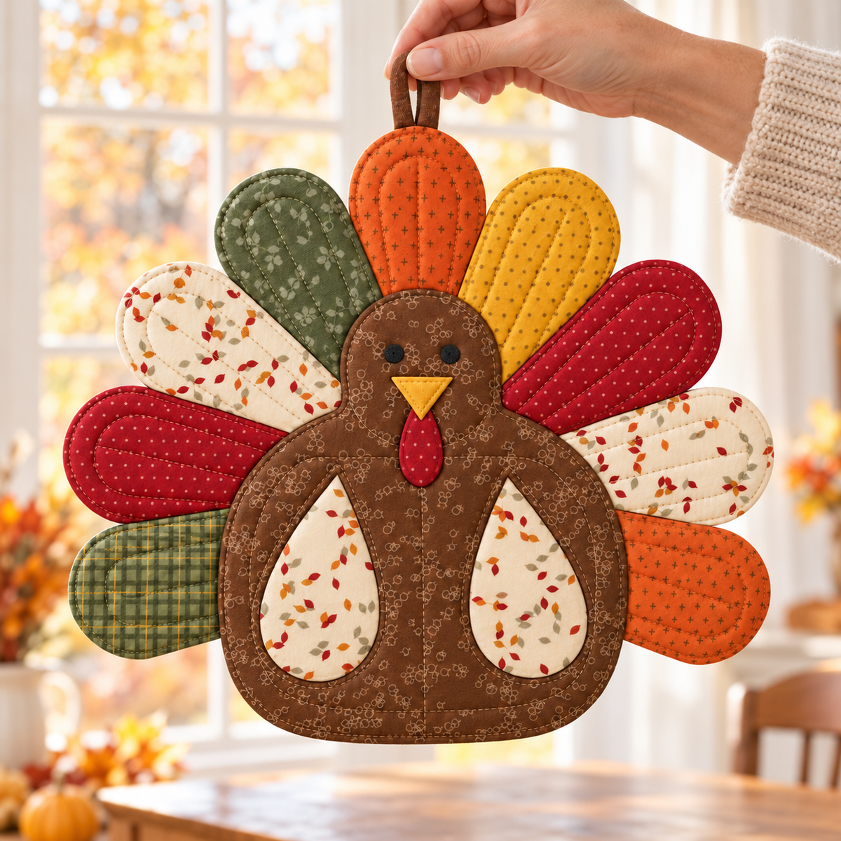 Hand holding a finished turkey potholder by its hanging loop in a sunny autumn kitchen