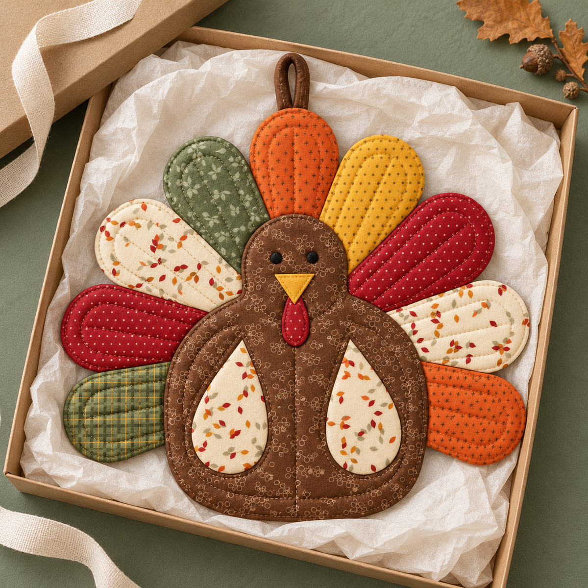 Handmade turkey potholder in a kraft gift box with tissue paper, a thoughtful Thanksgiving hostess gift