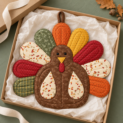 Handmade turkey potholder in a kraft gift box with tissue paper, a thoughtful Thanksgiving hostess gift