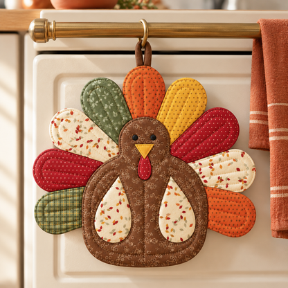 Turkey potholder hanging on an oven handle, Thanksgiving kitchen decor made from a PDF sewing pattern