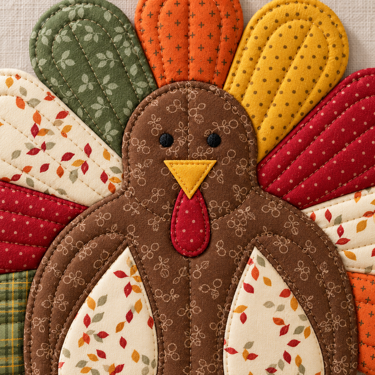 Close-up of turkey potholder quilting, embroidered eyes, gold beak and red wattle appliqué