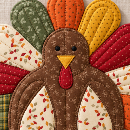 Close-up of turkey potholder quilting, embroidered eyes, gold beak and red wattle appliqué