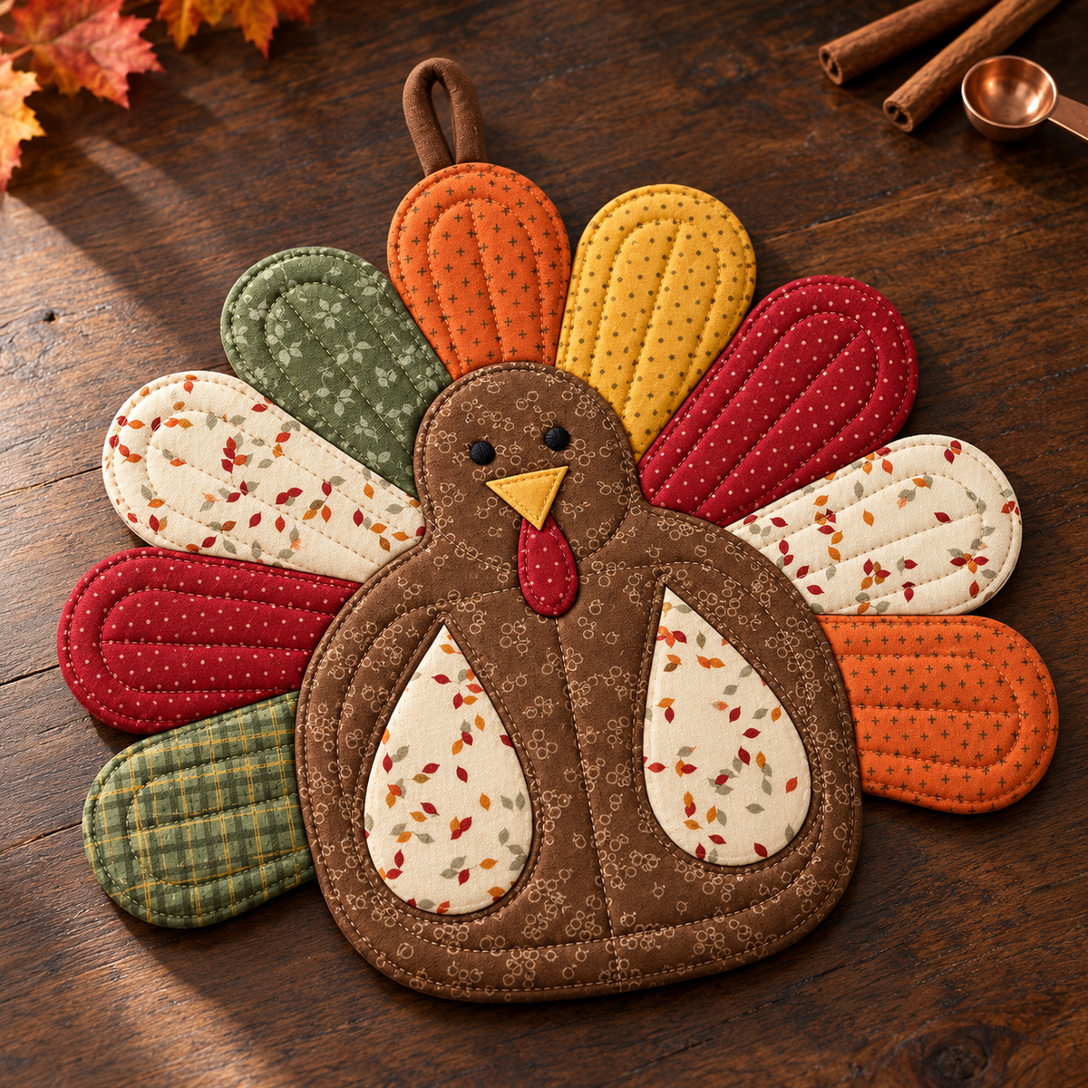 Patchwork turkey potholder on a dark walnut table with cinnamon sticks, autumn sewing pattern