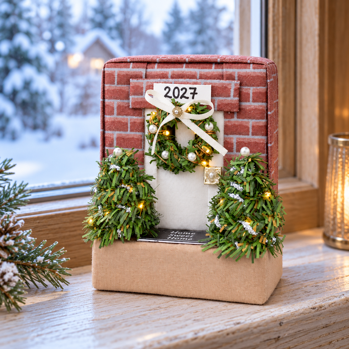 No-sew winter cottage ornament by a snowy window, a cozy handmade Christmas decor idea