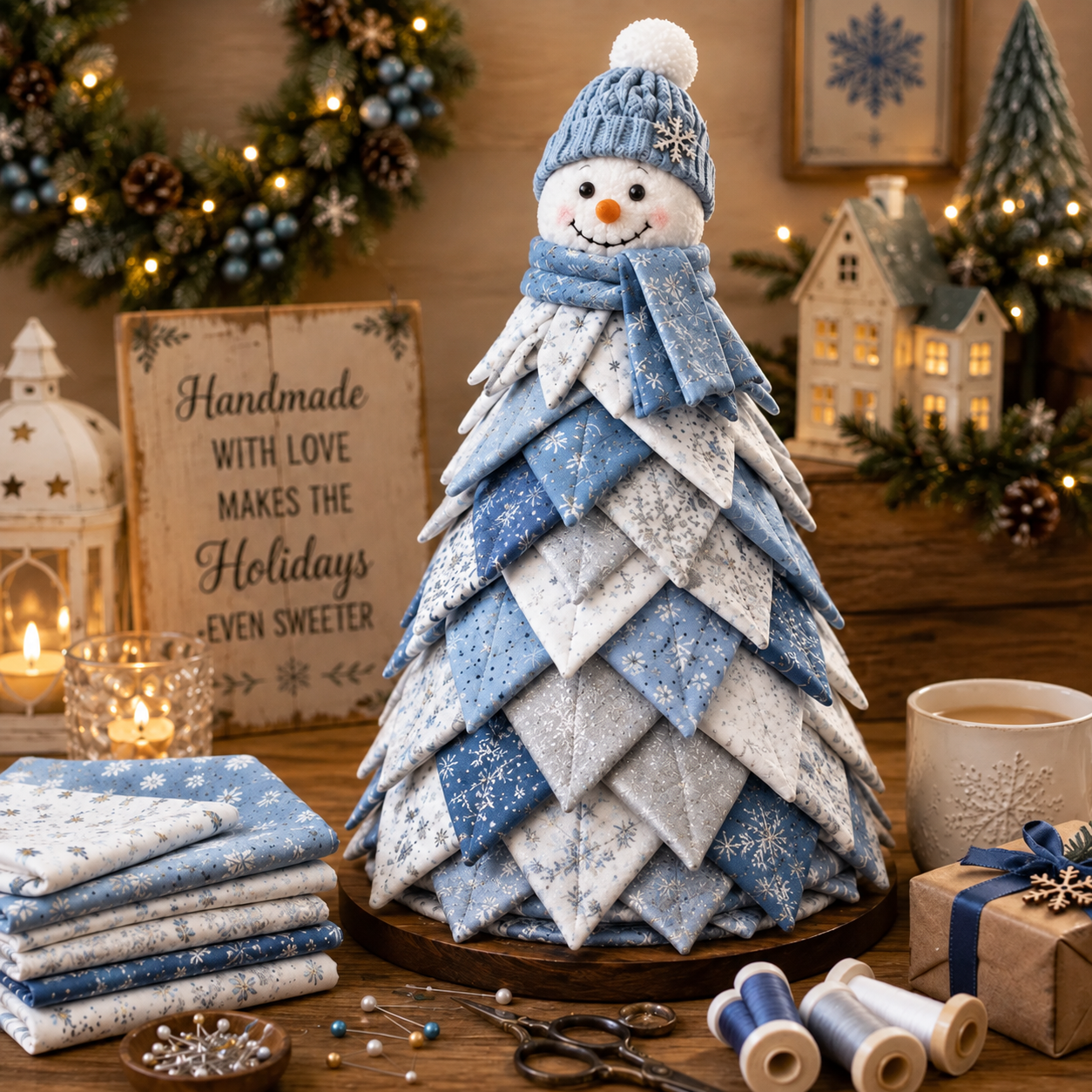 Layered Quilted Christmas Tree with Snowman Topper