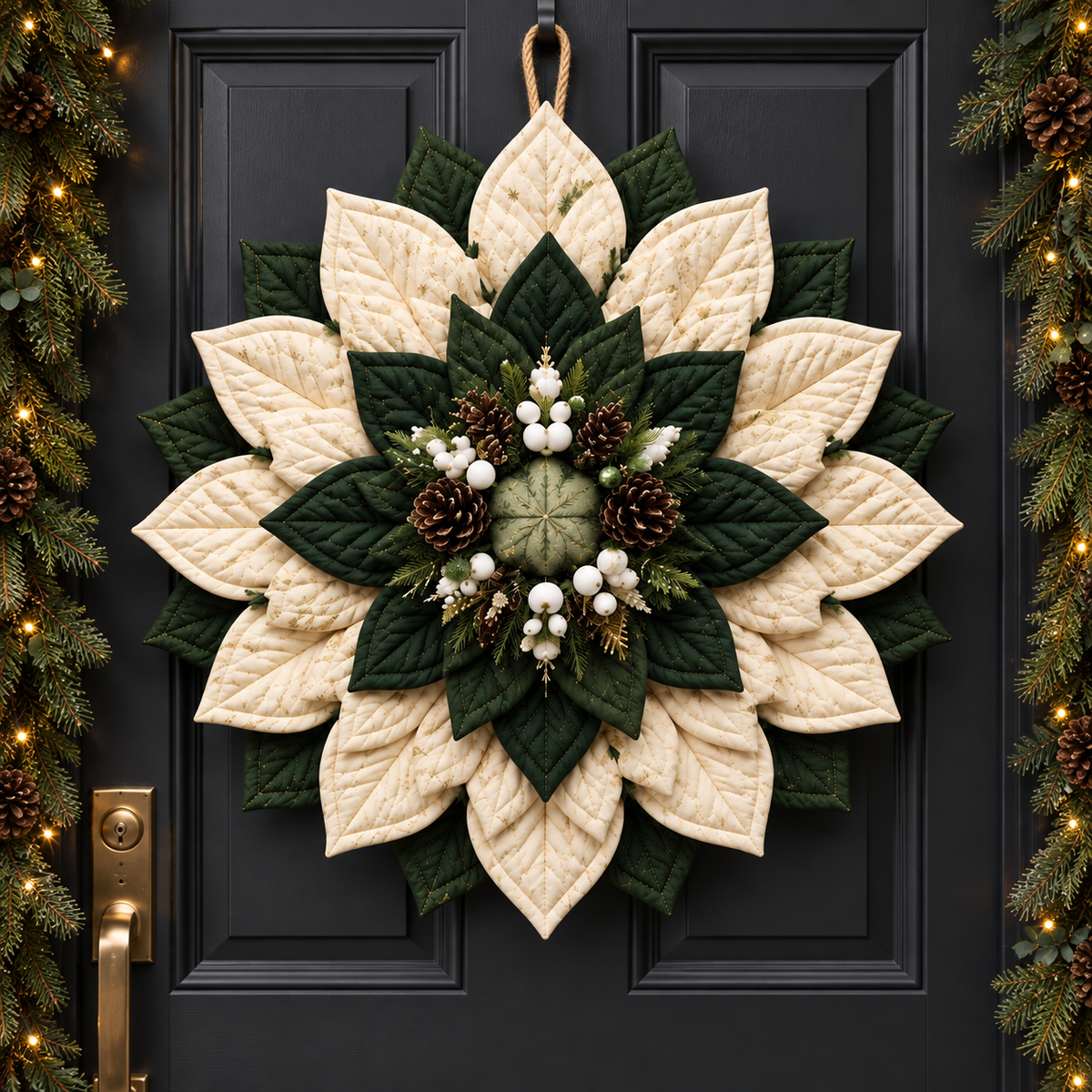 Winterwood quilted Christmas wreath in forest green and cream on a dark front door