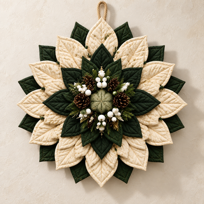 Winterwood fabric Christmas wreath on an ivory wall, full front view