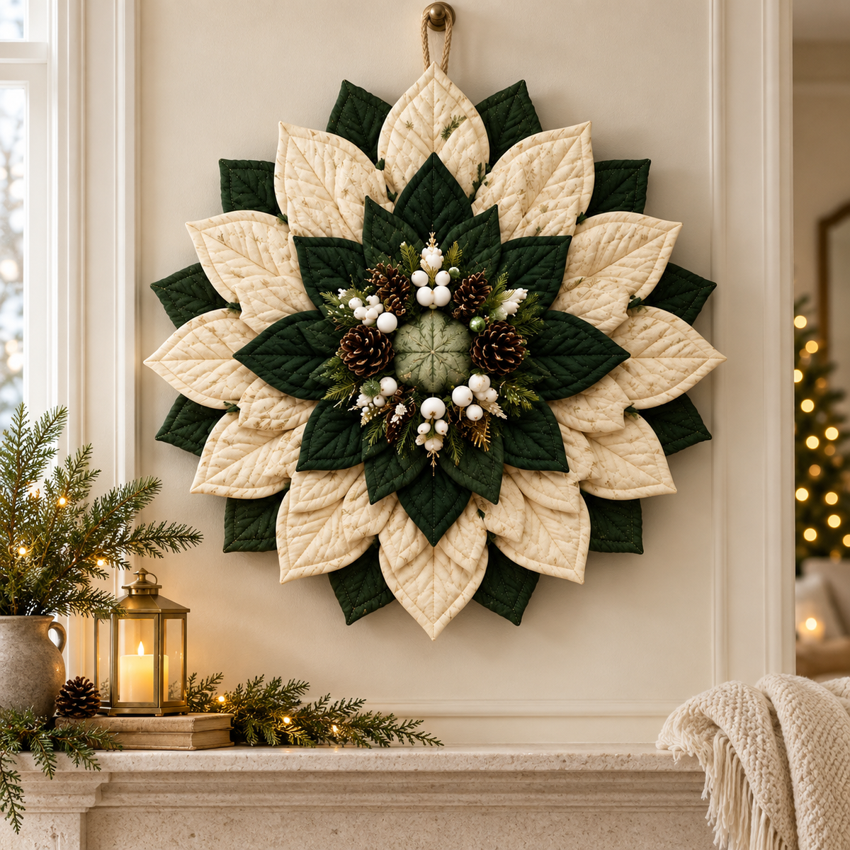 Quilted Christmas wreath displayed above a holiday mantel