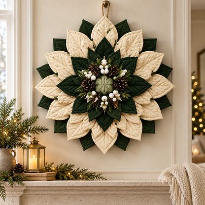 Quilted Christmas wreath displayed above a holiday mantel