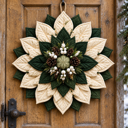 Winterwood Christmas wreath with cream petals on a rustic oak door