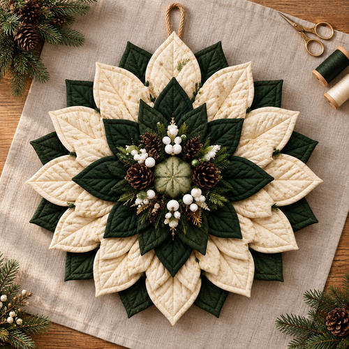 Finished quilted fabric wreath on linen beside sewing supplies