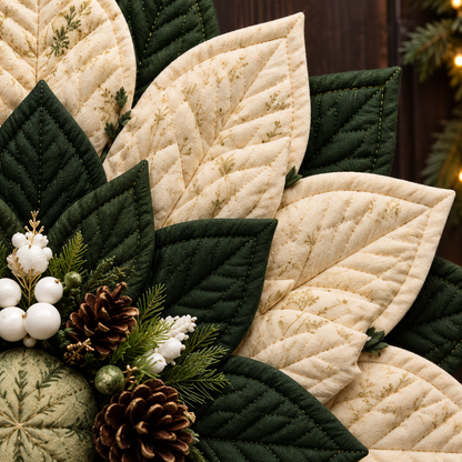 Close-up of cream petals, green leaves and leaf-vein quilting