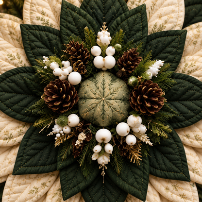 Detail of the quilted olive center with pinecones and white berries