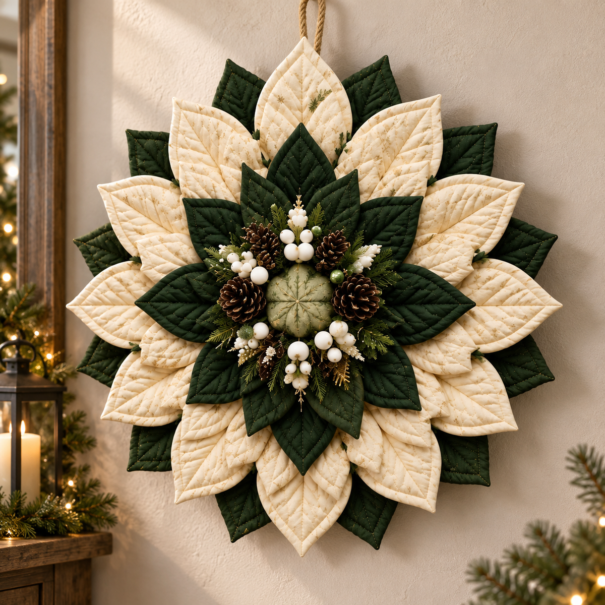 Angled view of the layered Winterwood quilted Christmas wreath