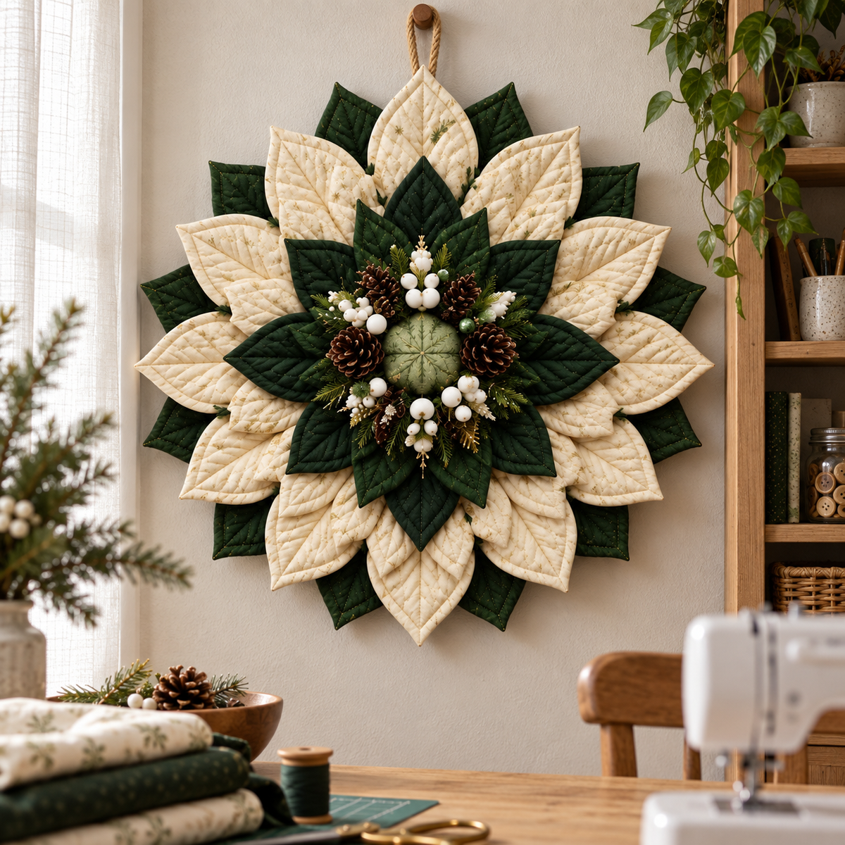 Winterwood Christmas wreath displayed in a home sewing room