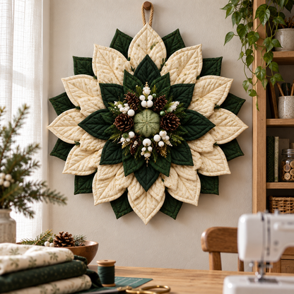 Winterwood Christmas wreath displayed in a home sewing room