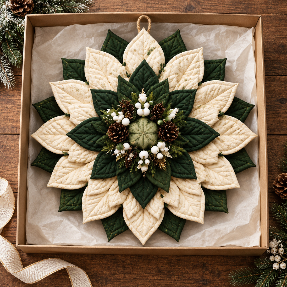 Handmade fabric Christmas wreath presented in an open gift box