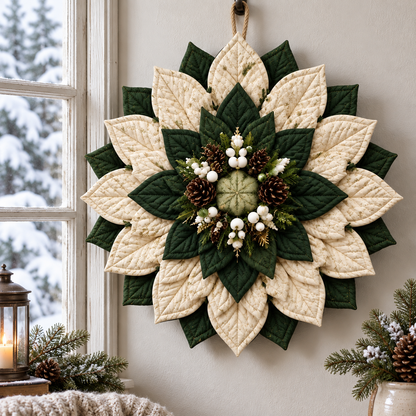 Green and cream quilted wreath beside a snowy winter window