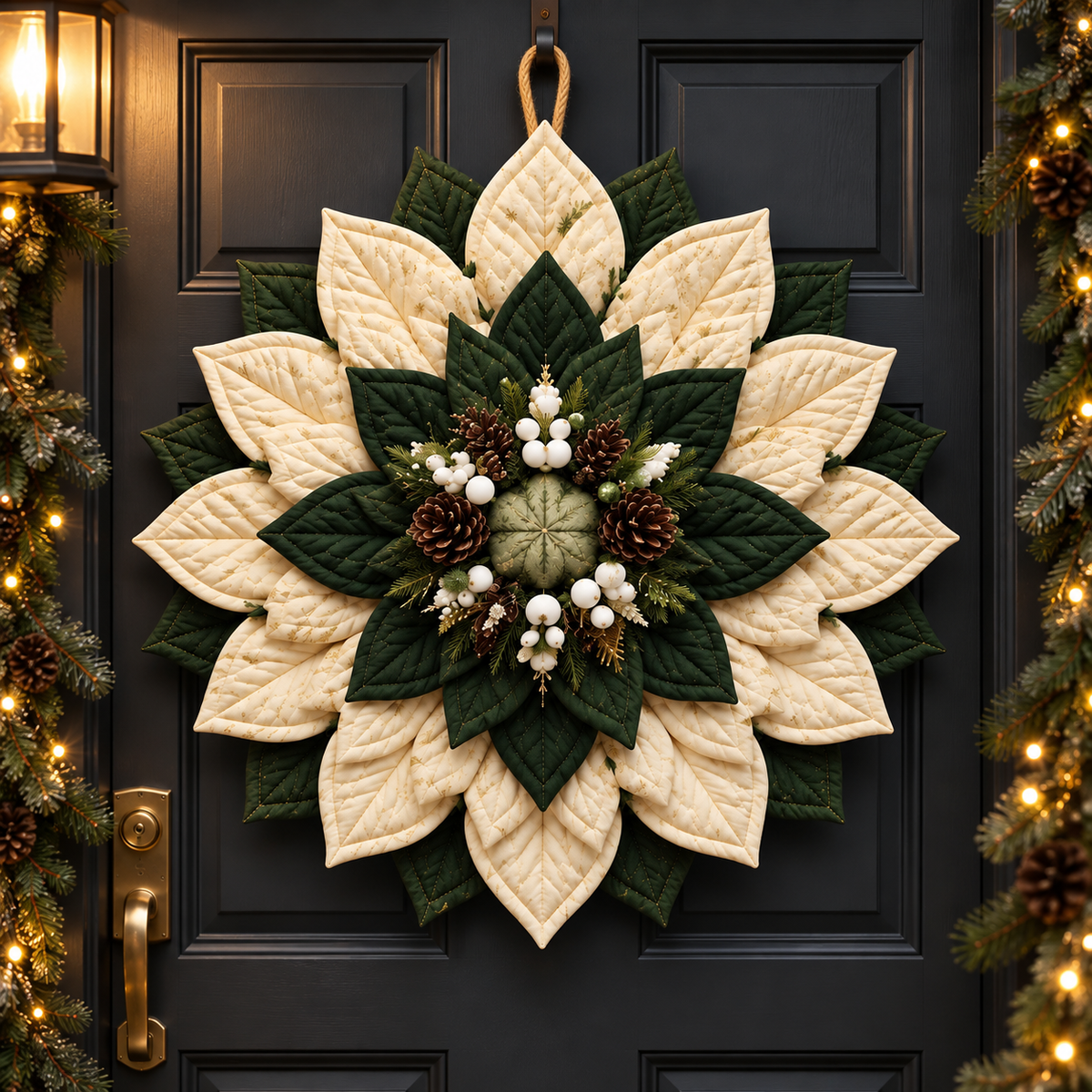 Winterwood Christmas wreath on a dark door with evening holiday lights